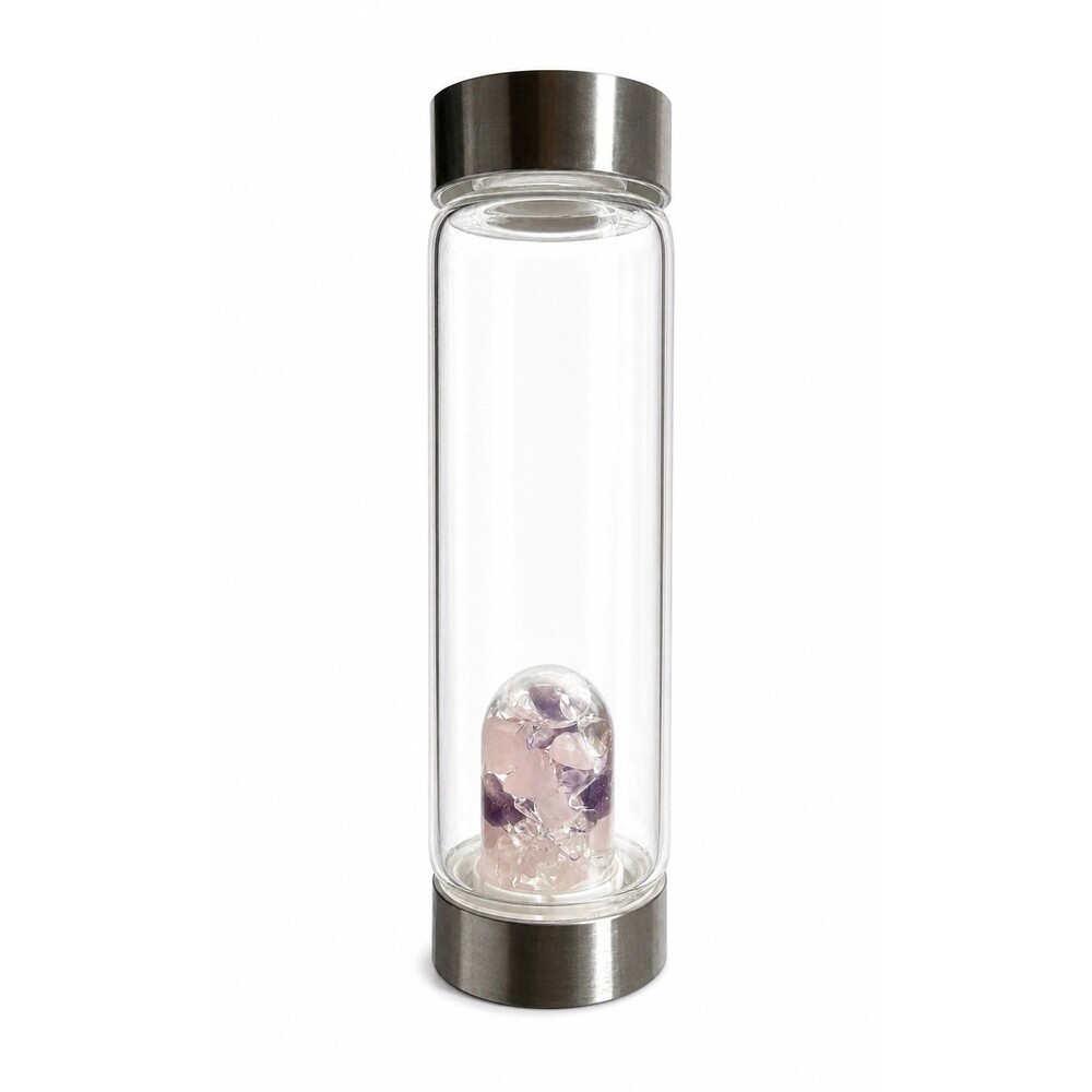 VitaJuwel ViA Wellness Gemstone Water Bottle Rose Quartz Purple Crystals 16.9oz